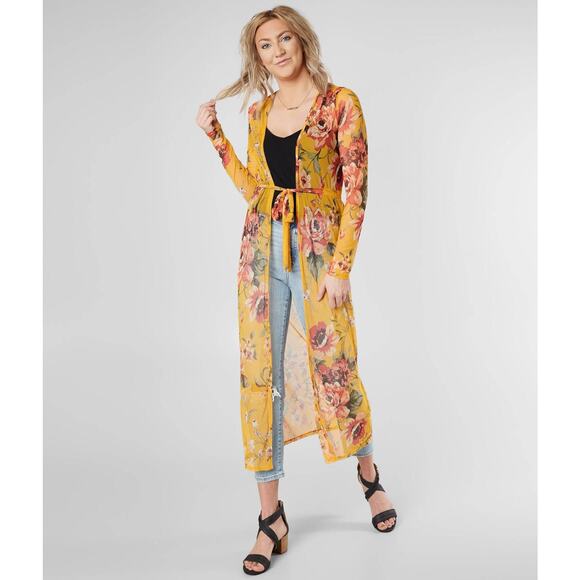 DAYTRIP Floral Print Duster Kimono Yellow Multicolor Mesh Casual Women's M - Picture 2 of 13